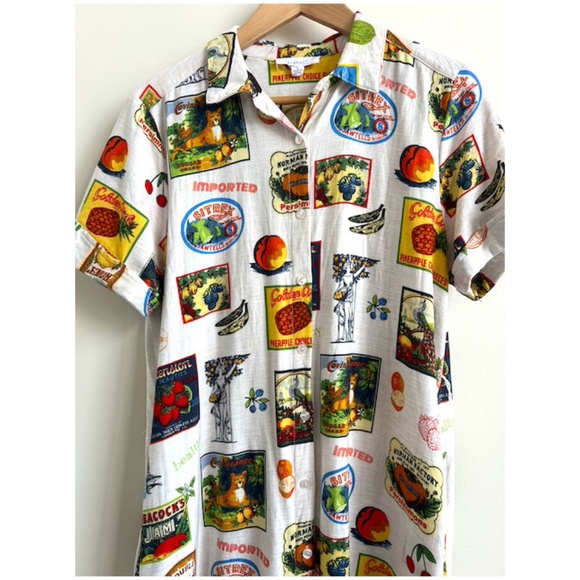 Jane + Delancey Short Sleeve Tropical Fruit Vacation Linen Blend Shirt Dress L - Picture 4 of 10